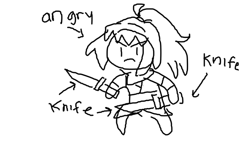 Screenshot of Kagehira, a young adult with long, dark hair in a high ponytail, light skin and blue and white clothing. His face is in a scowl.